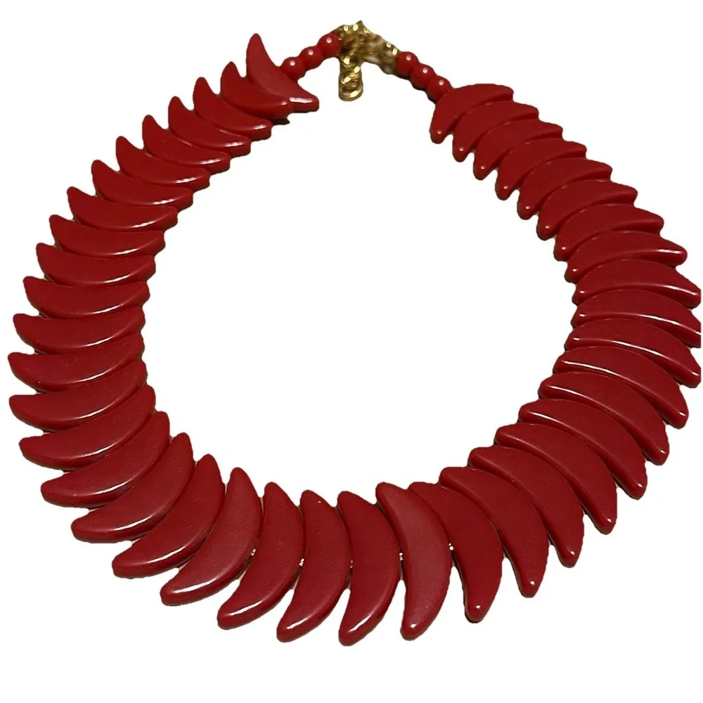 Vintage Monet Red Plastic Necklace Crescent Moon Design